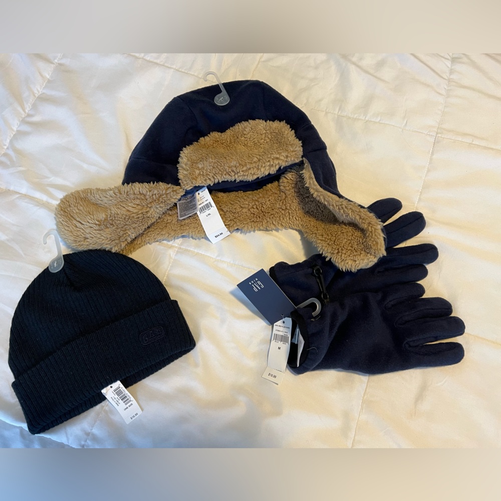 Gap Boys 2 Winter Hats and Gloves Navy Blue NEW NWT